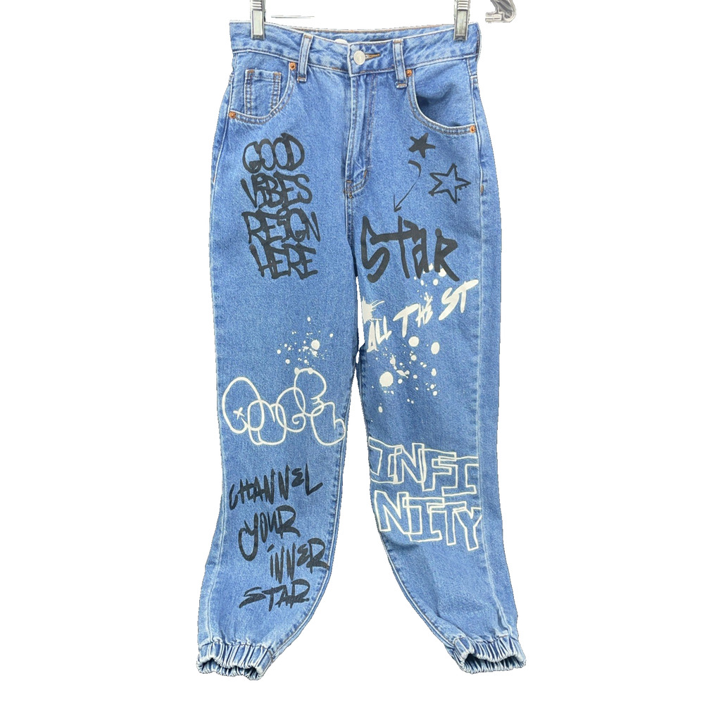 S.O.N.G. Graffiti Jogger Womens 0/24 Denim Pants Good Vibes Vtg Y2K Streetwear